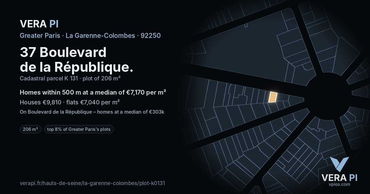 37 Boulevard de la République, La Garenne-Colombes at night – the plot lit, the parcels around coloured by the prices near them