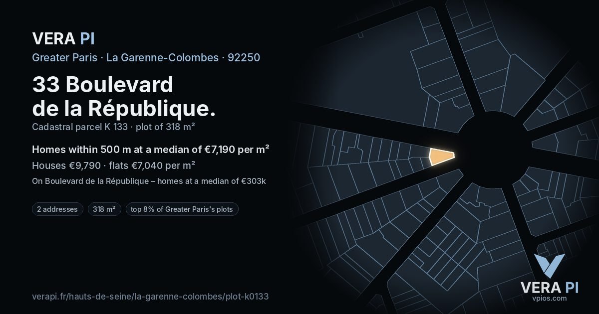 33 Boulevard de la République, La Garenne-Colombes at night – the plot lit, the parcels around coloured by the prices near them
