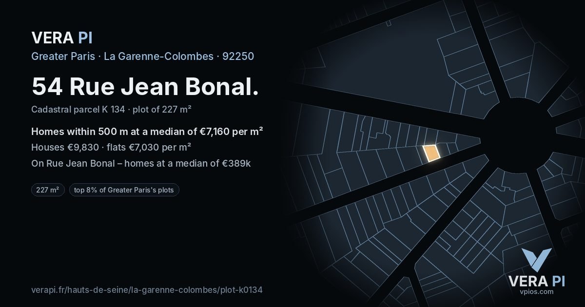 54 Rue Jean Bonal, La Garenne-Colombes at night – the plot lit, the parcels around coloured by the prices near them