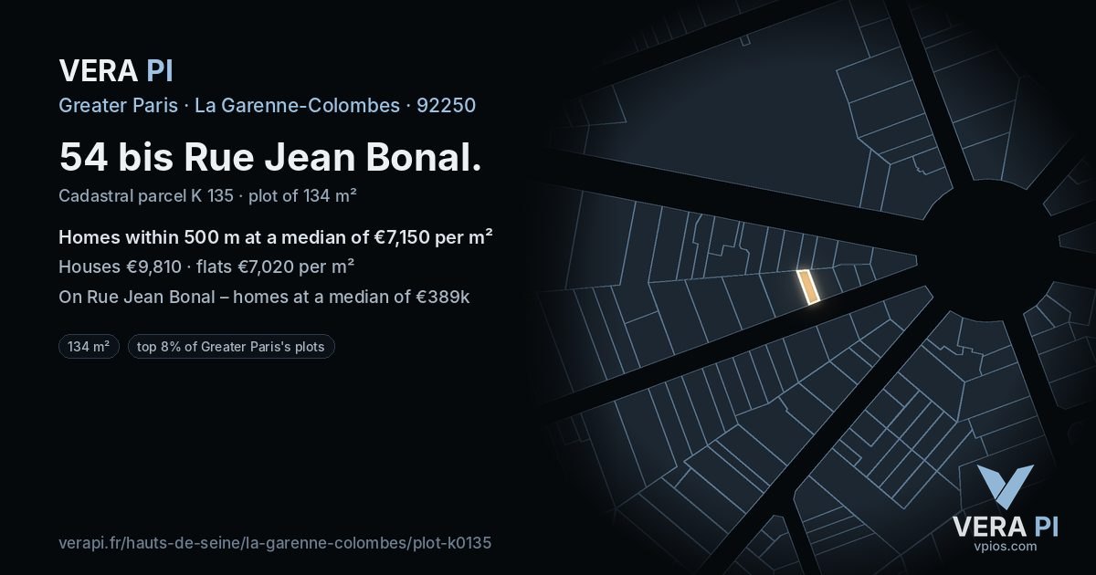 54 bis Rue Jean Bonal, La Garenne-Colombes at night – the plot lit, the parcels around coloured by the prices near them