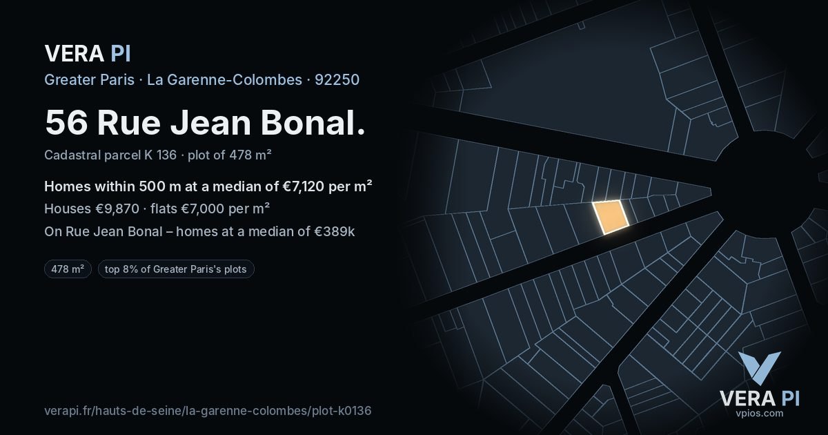 56 Rue Jean Bonal, La Garenne-Colombes at night – the plot lit, the parcels around coloured by the prices near them
