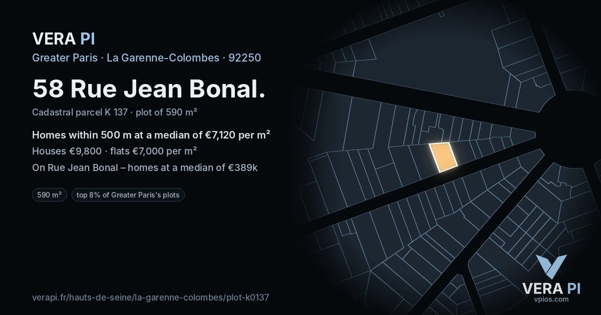 58 Rue Jean Bonal, La Garenne-Colombes at night – the plot lit, the parcels around coloured by the prices near them