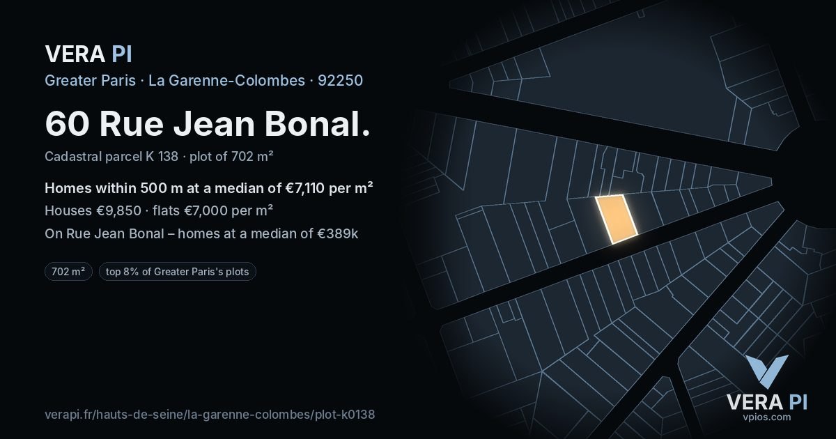 60 Rue Jean Bonal, La Garenne-Colombes at night – the plot lit, the parcels around coloured by the prices near them