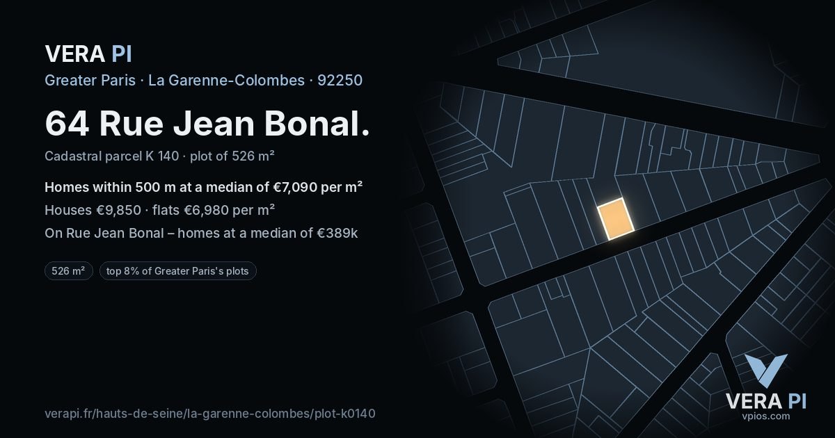 64 Rue Jean Bonal, La Garenne-Colombes at night – the plot lit, the parcels around coloured by the prices near them
