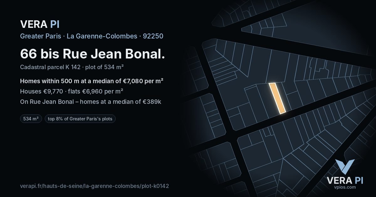 66 bis Rue Jean Bonal, La Garenne-Colombes at night – the plot lit, the parcels around coloured by the prices near them