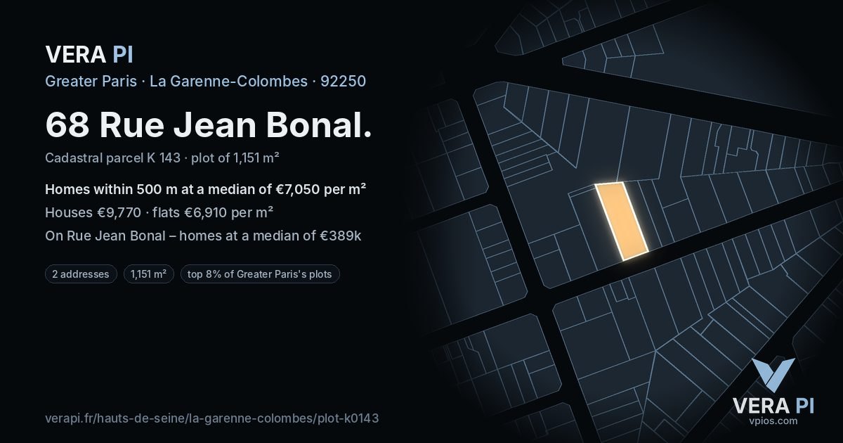 68 Rue Jean Bonal, La Garenne-Colombes at night – the plot lit, the parcels around coloured by the prices near them