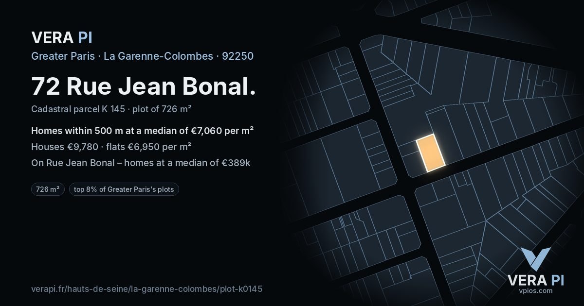 72 Rue Jean Bonal, La Garenne-Colombes at night – the plot lit, the parcels around coloured by the prices near them