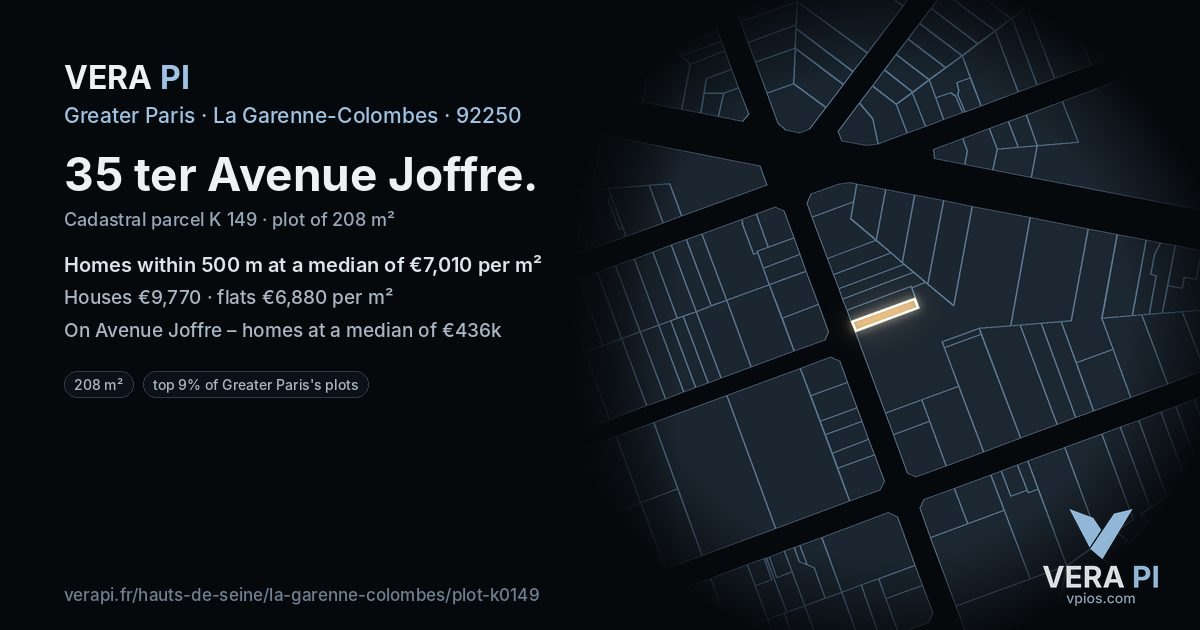35 ter Avenue Joffre, La Garenne-Colombes at night – the plot lit, the parcels around coloured by the prices near them