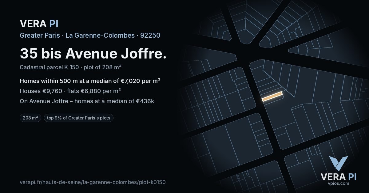 35 bis Avenue Joffre, La Garenne-Colombes at night – the plot lit, the parcels around coloured by the prices near them