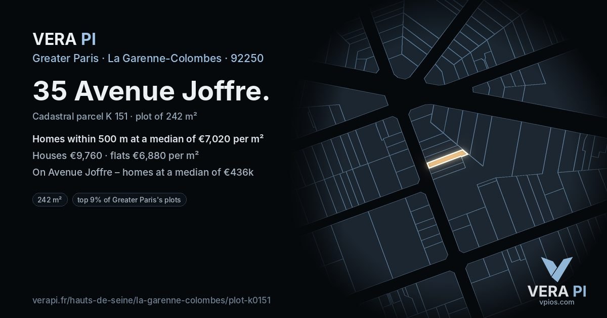 35 Avenue Joffre, La Garenne-Colombes at night – the plot lit, the parcels around coloured by the prices near them