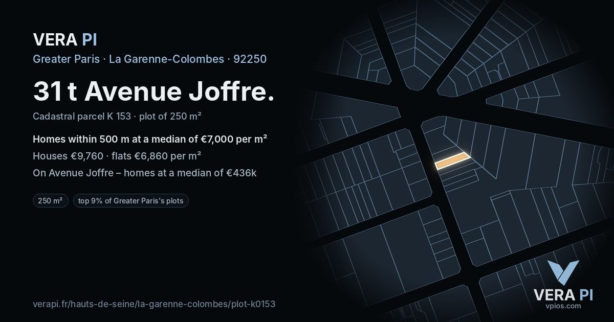 31 t Avenue Joffre, La Garenne-Colombes at night – the plot lit, the parcels around coloured by the prices near them