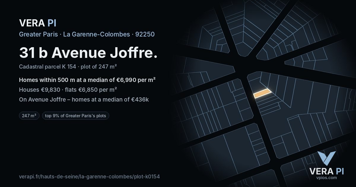 31 b Avenue Joffre, La Garenne-Colombes at night – the plot lit, the parcels around coloured by the prices near them