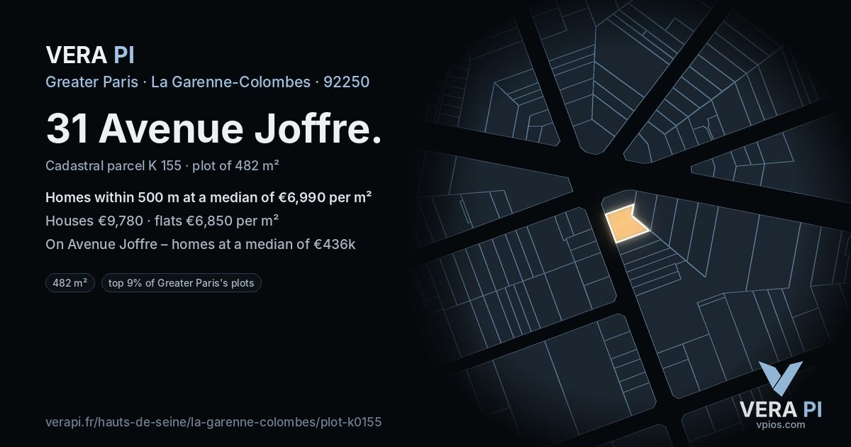 31 Avenue Joffre, La Garenne-Colombes at night – the plot lit, the parcels around coloured by the prices near them