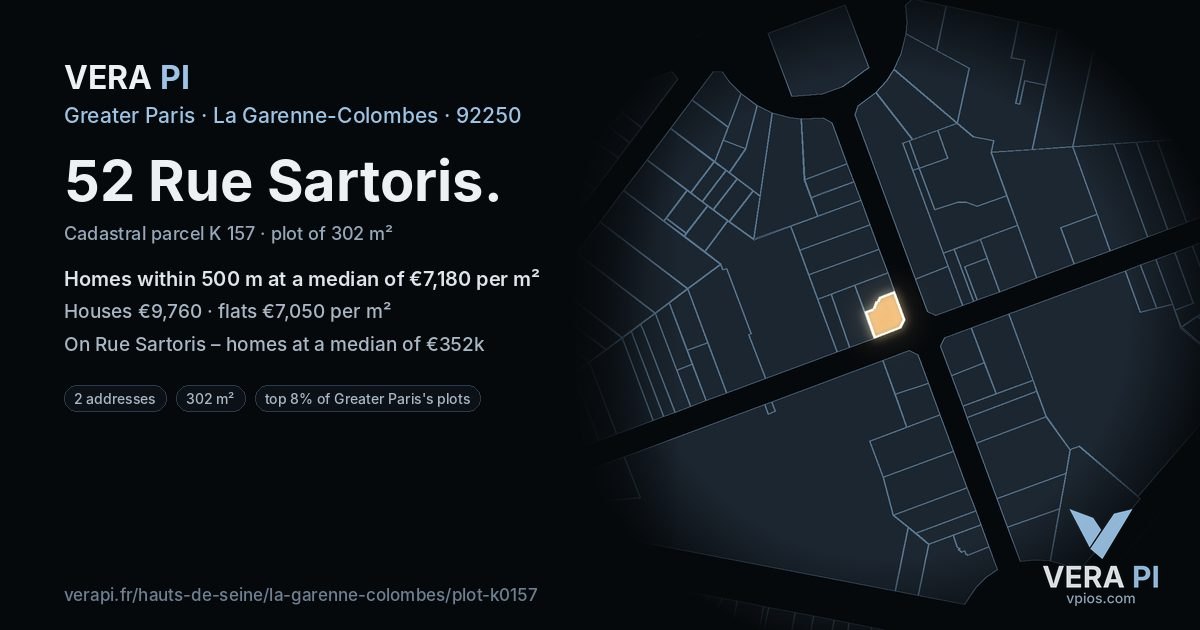 52 Rue Sartoris, La Garenne-Colombes at night – the plot lit, the parcels around coloured by the prices near them