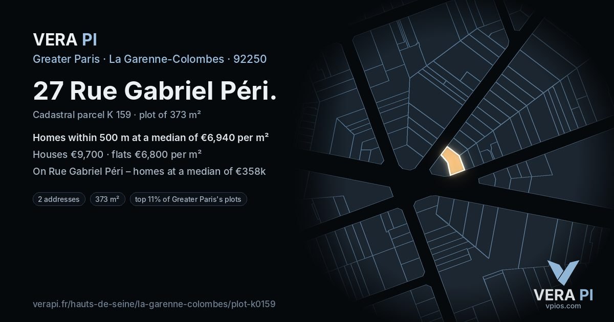 27 Rue Gabriel Péri, La Garenne-Colombes at night – the plot lit, the parcels around coloured by the prices near them