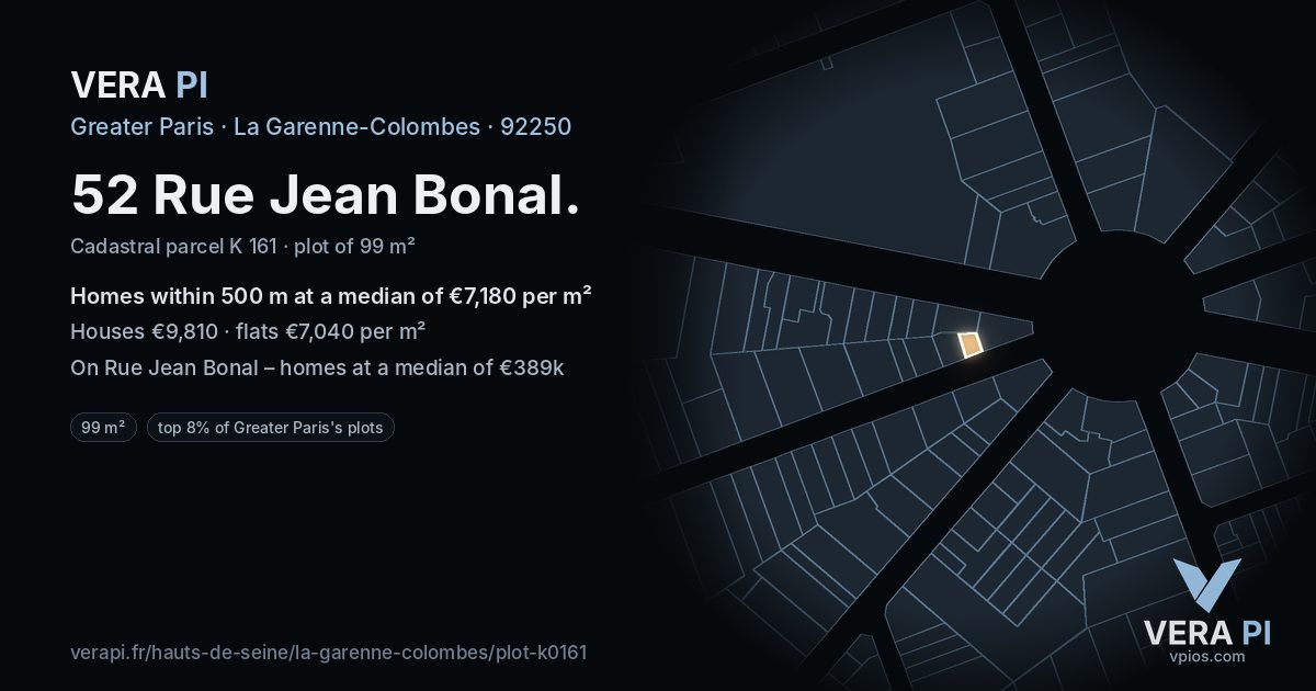 52 Rue Jean Bonal, La Garenne-Colombes at night – the plot lit, the parcels around coloured by the prices near them