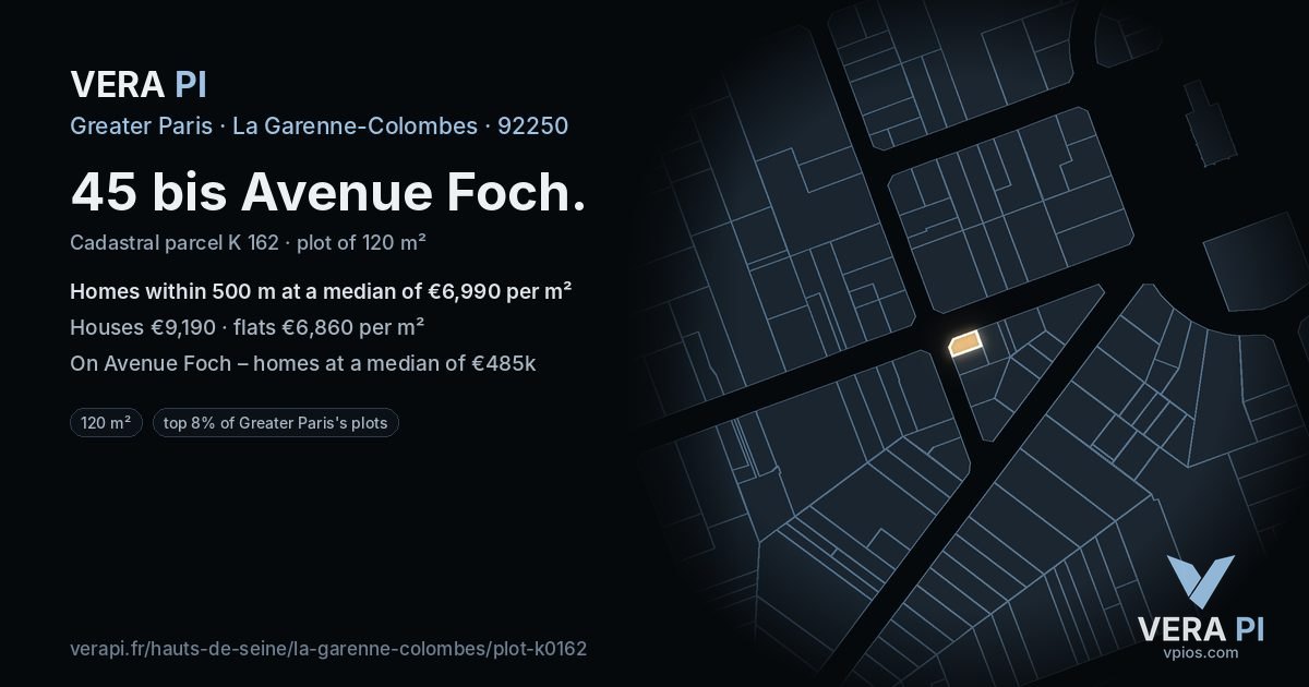 45 bis Avenue Foch, La Garenne-Colombes at night – the plot lit, the parcels around coloured by the prices near them
