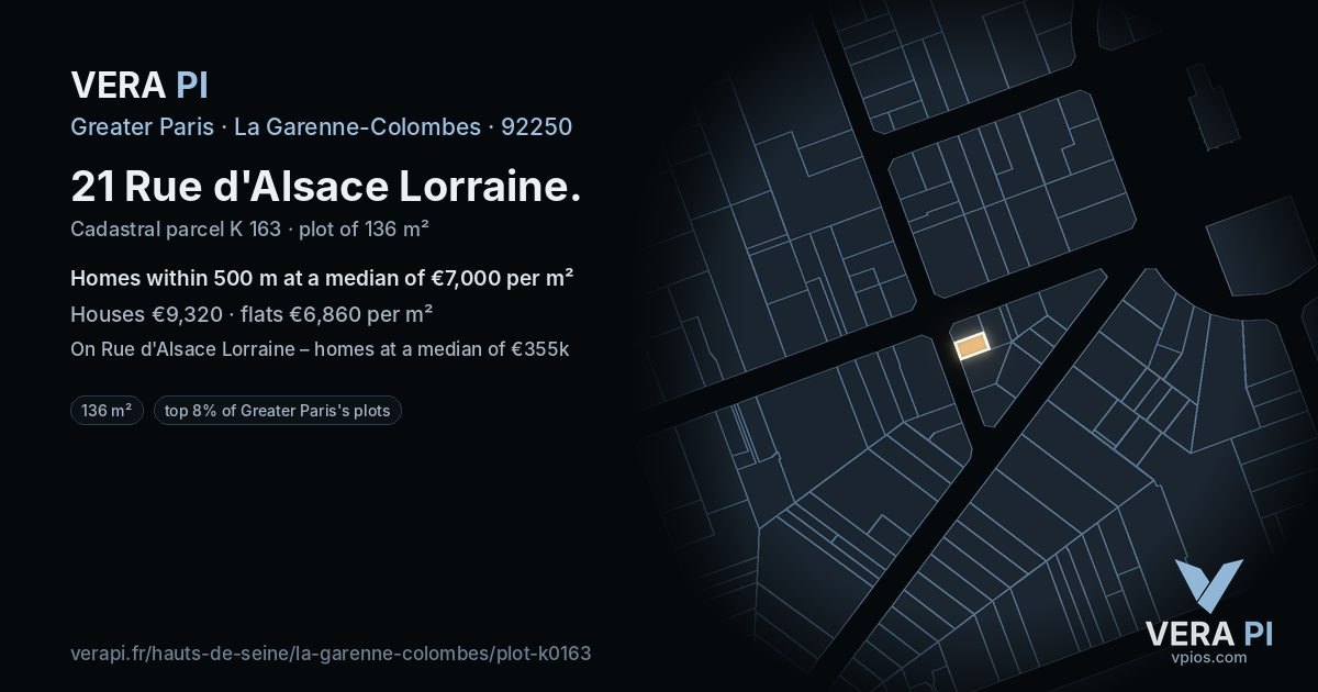 21 Rue d'Alsace Lorraine, La Garenne-Colombes at night – the plot lit, the parcels around coloured by the prices near them