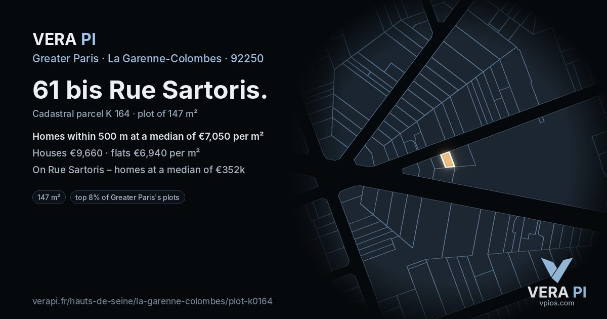 61 bis Rue Sartoris, La Garenne-Colombes at night – the plot lit, the parcels around coloured by the prices near them
