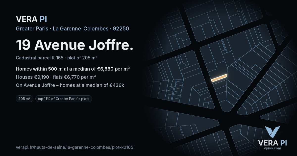 19 Avenue Joffre, La Garenne-Colombes at night – the plot lit, the parcels around coloured by the prices near them