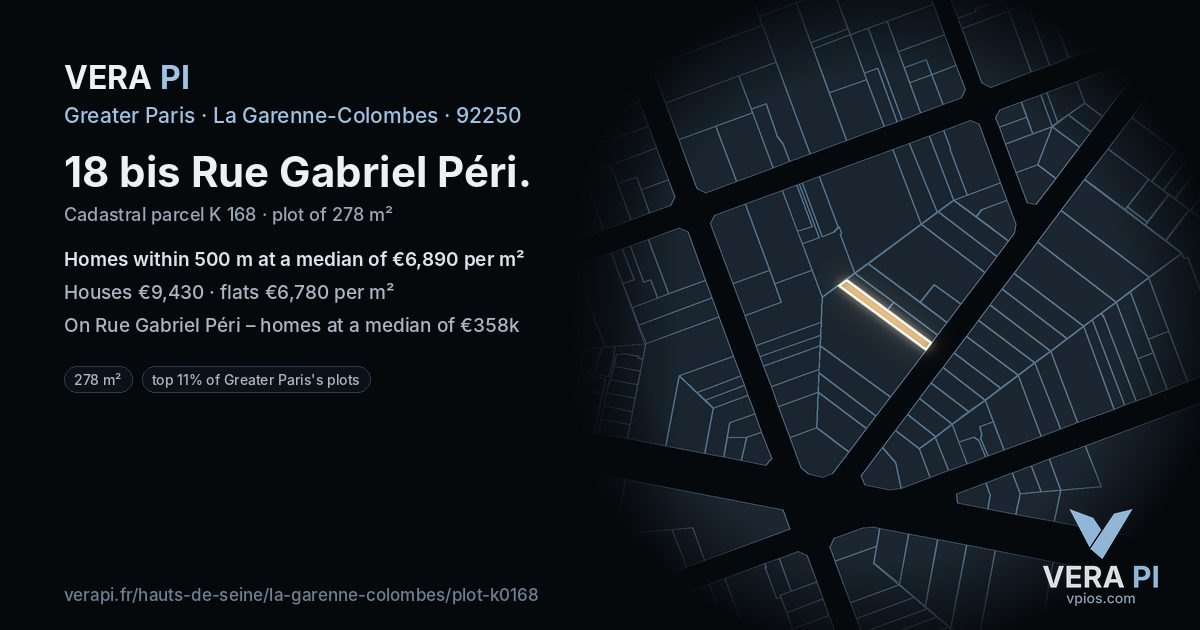 18 bis Rue Gabriel Péri, La Garenne-Colombes at night – the plot lit, the parcels around coloured by the prices near them