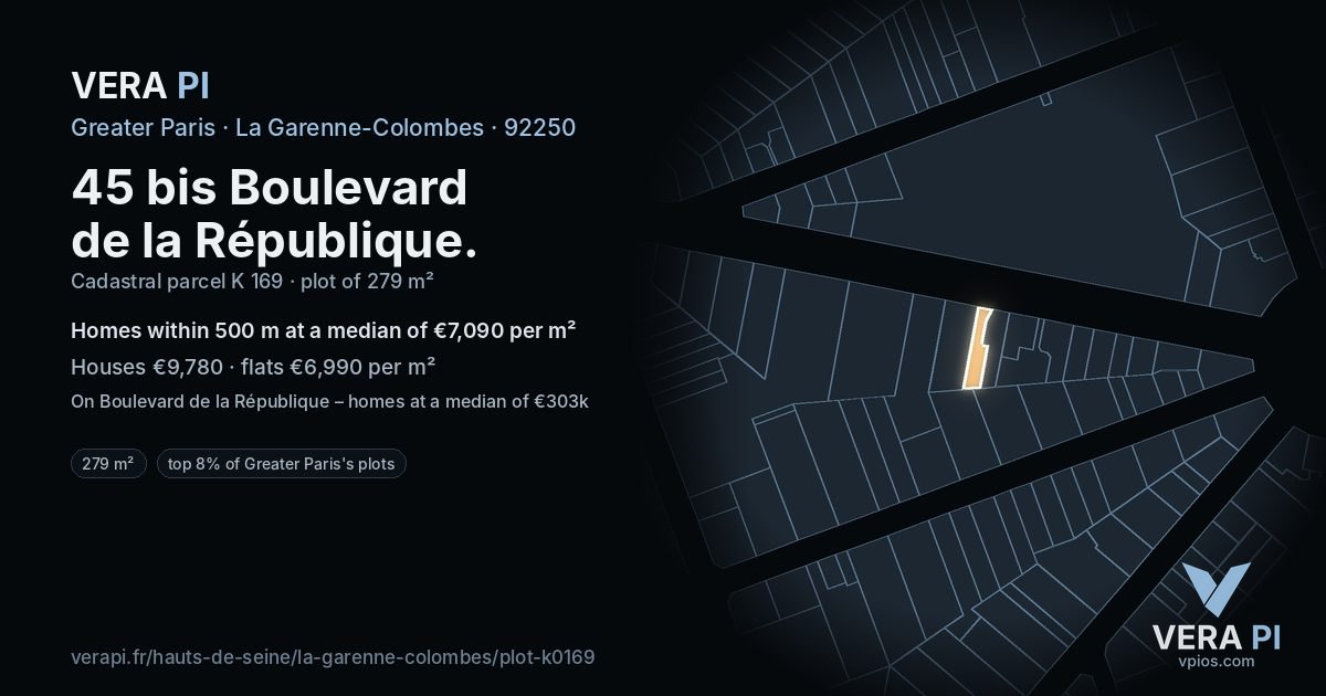 45 bis Boulevard de la République, La Garenne-Colombes at night – the plot lit, the parcels around coloured by the prices near them