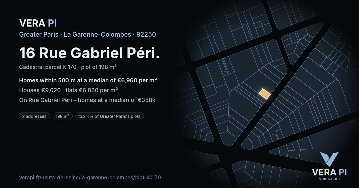 16 Rue Gabriel Péri, La Garenne-Colombes at night – the plot lit, the parcels around coloured by the prices near them
