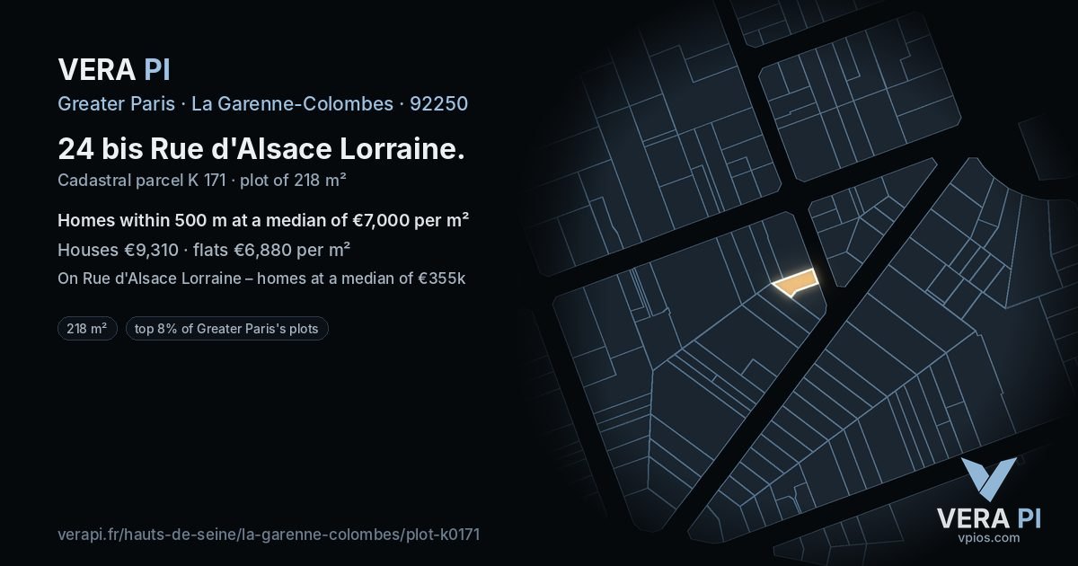 24 bis Rue d'Alsace Lorraine, La Garenne-Colombes at night – the plot lit, the parcels around coloured by the prices near them
