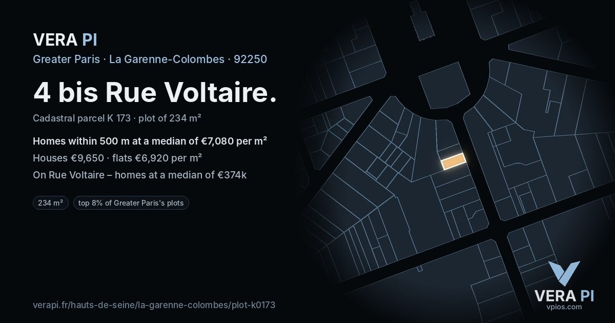 4 bis Rue Voltaire, La Garenne-Colombes at night – the plot lit, the parcels around coloured by the prices near them