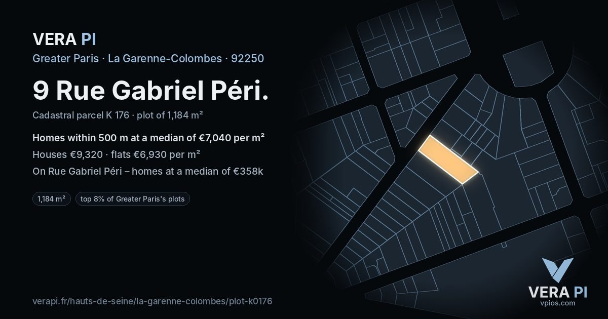 9 Rue Gabriel Péri, La Garenne-Colombes at night – the plot lit, the parcels around coloured by the prices near them