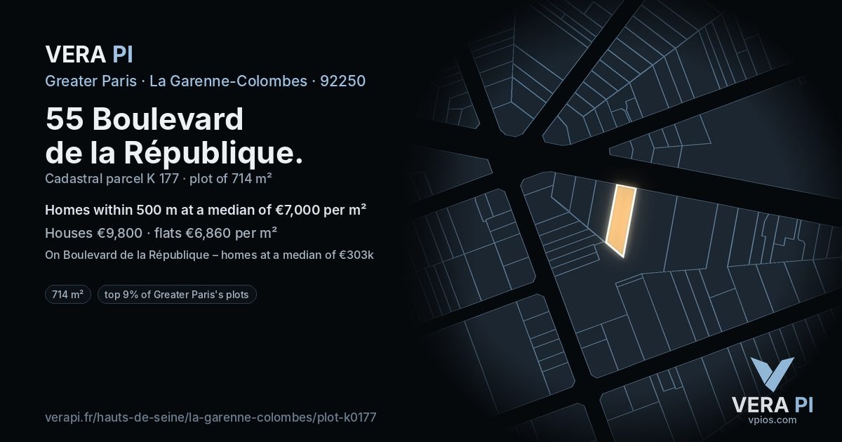 55 Boulevard de la République, La Garenne-Colombes at night – the plot lit, the parcels around coloured by the prices near them