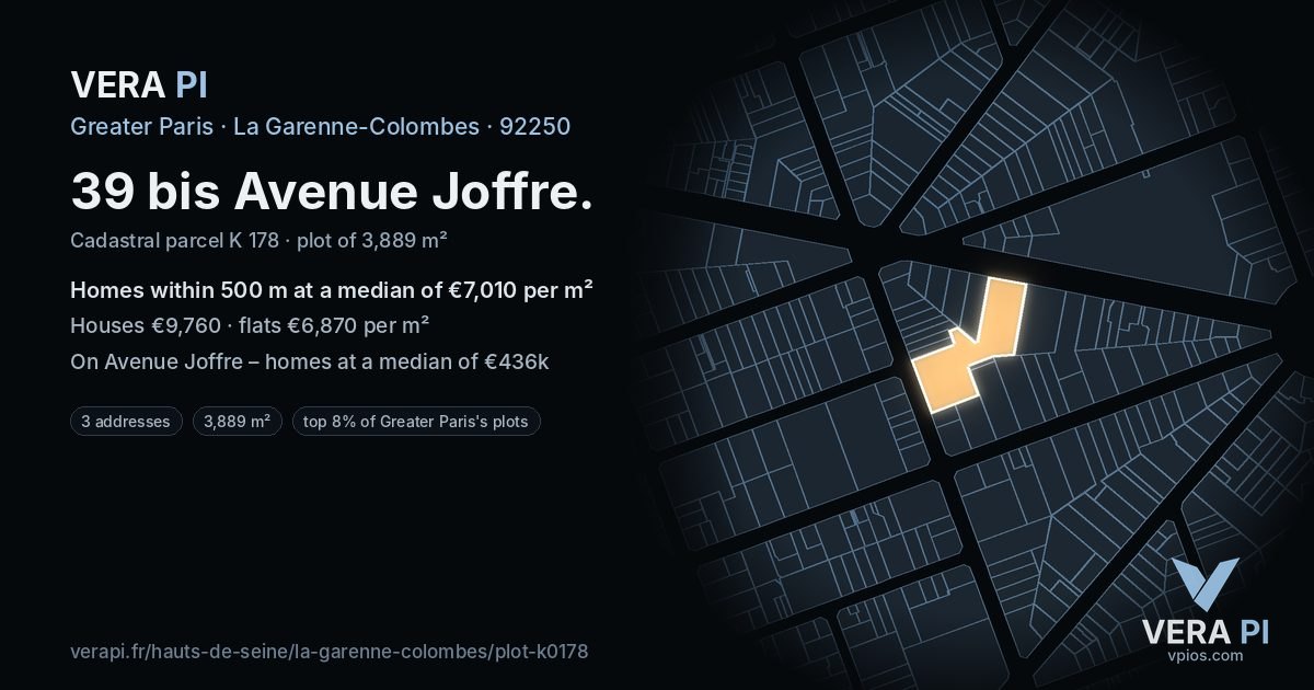 39 bis Avenue Joffre, La Garenne-Colombes at night – the plot lit, the parcels around coloured by the prices near them