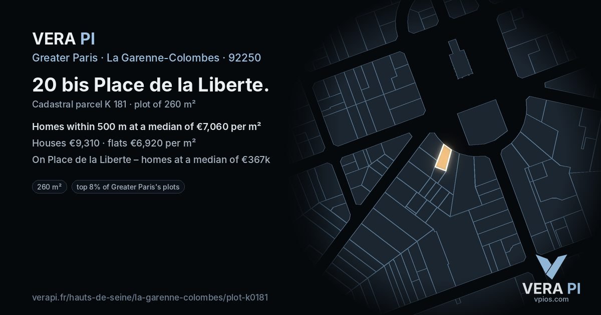 20 bis Place de la Liberte, La Garenne-Colombes at night – the plot lit, the parcels around coloured by the prices near them