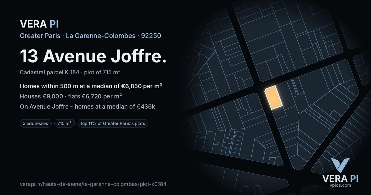 13 Avenue Joffre, La Garenne-Colombes at night – the plot lit, the parcels around coloured by the prices near them