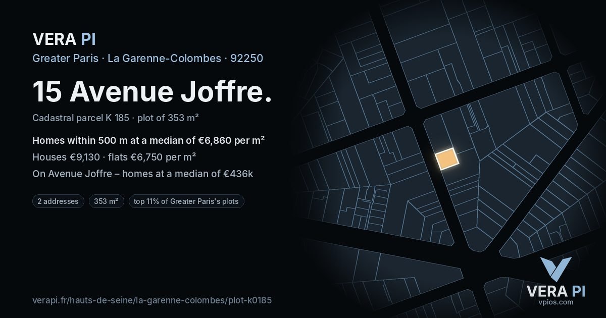 15 Avenue Joffre, La Garenne-Colombes at night – the plot lit, the parcels around coloured by the prices near them