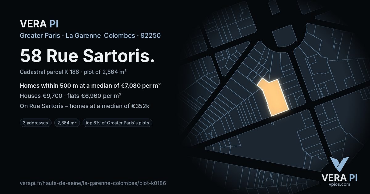 58 Rue Sartoris, La Garenne-Colombes at night – the plot lit, the parcels around coloured by the prices near them