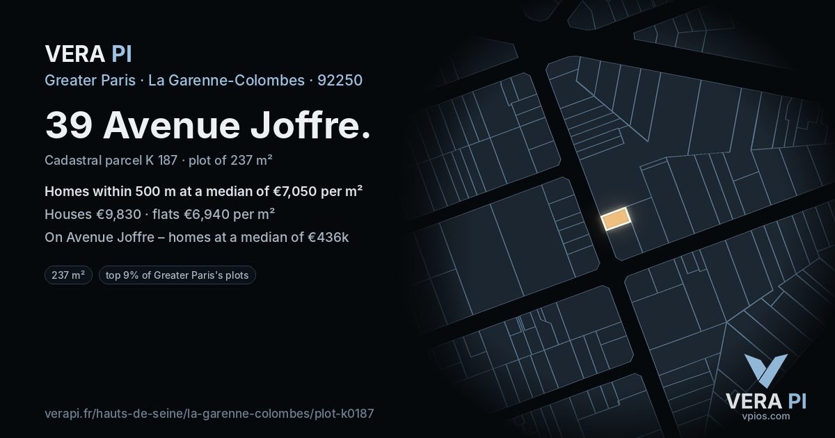 39 Avenue Joffre, La Garenne-Colombes at night – the plot lit, the parcels around coloured by the prices near them