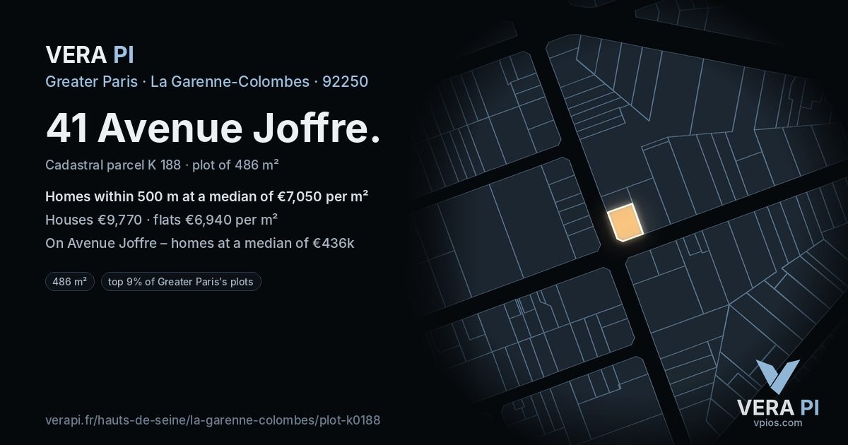 41 Avenue Joffre, La Garenne-Colombes at night – the plot lit, the parcels around coloured by the prices near them