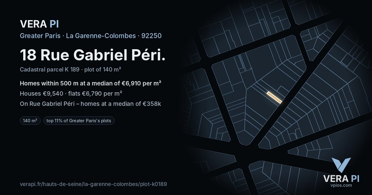 18 Rue Gabriel Péri, La Garenne-Colombes at night – the plot lit, the parcels around coloured by the prices near them