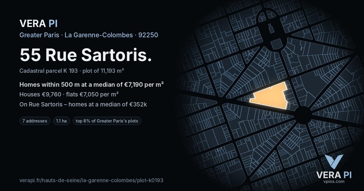 55 Rue Sartoris, La Garenne-Colombes at night – the plot lit, the parcels around coloured by the prices near them