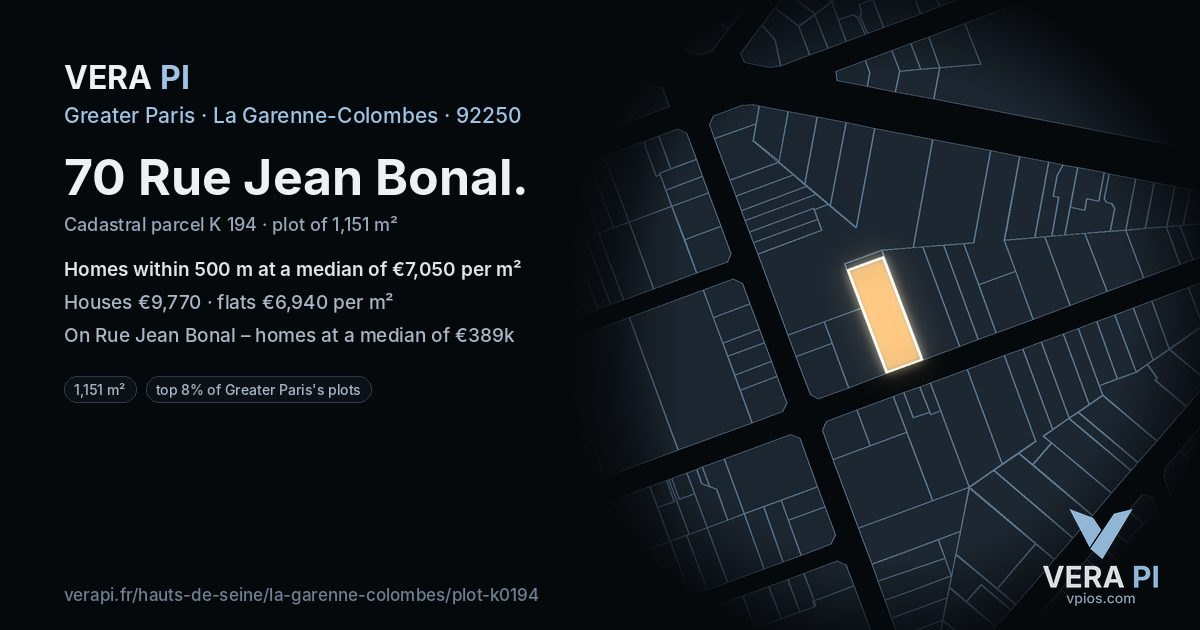 70 Rue Jean Bonal, La Garenne-Colombes at night – the plot lit, the parcels around coloured by the prices near them