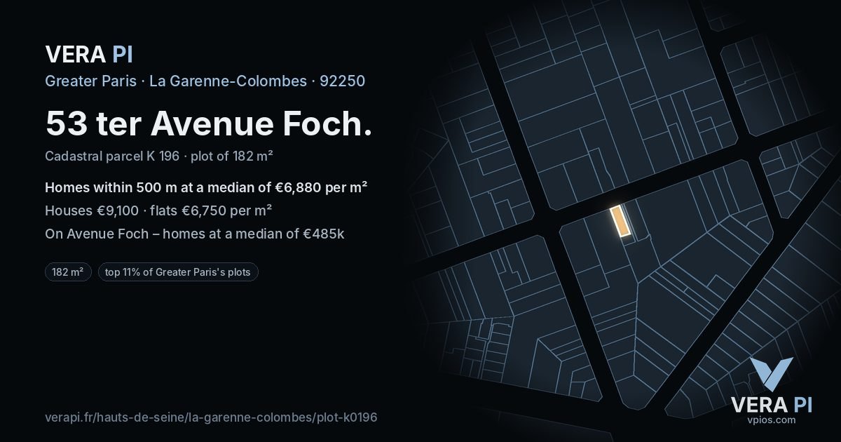 53 ter Avenue Foch, La Garenne-Colombes at night – the plot lit, the parcels around coloured by the prices near them