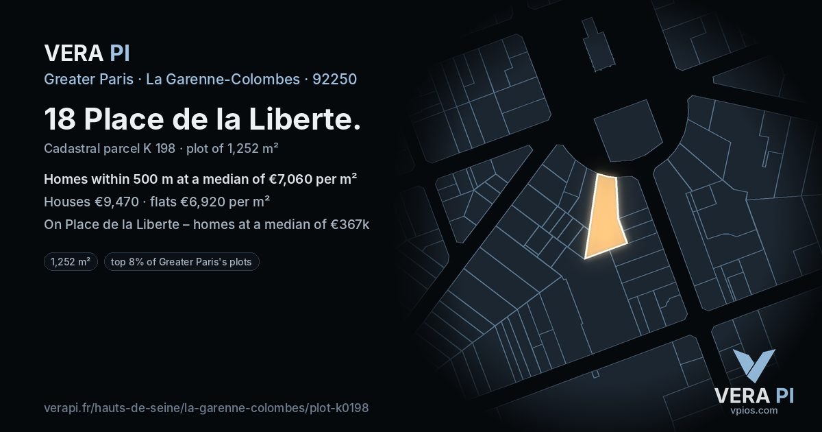 18 Place de la Liberte, La Garenne-Colombes at night – the plot lit, the parcels around coloured by the prices near them