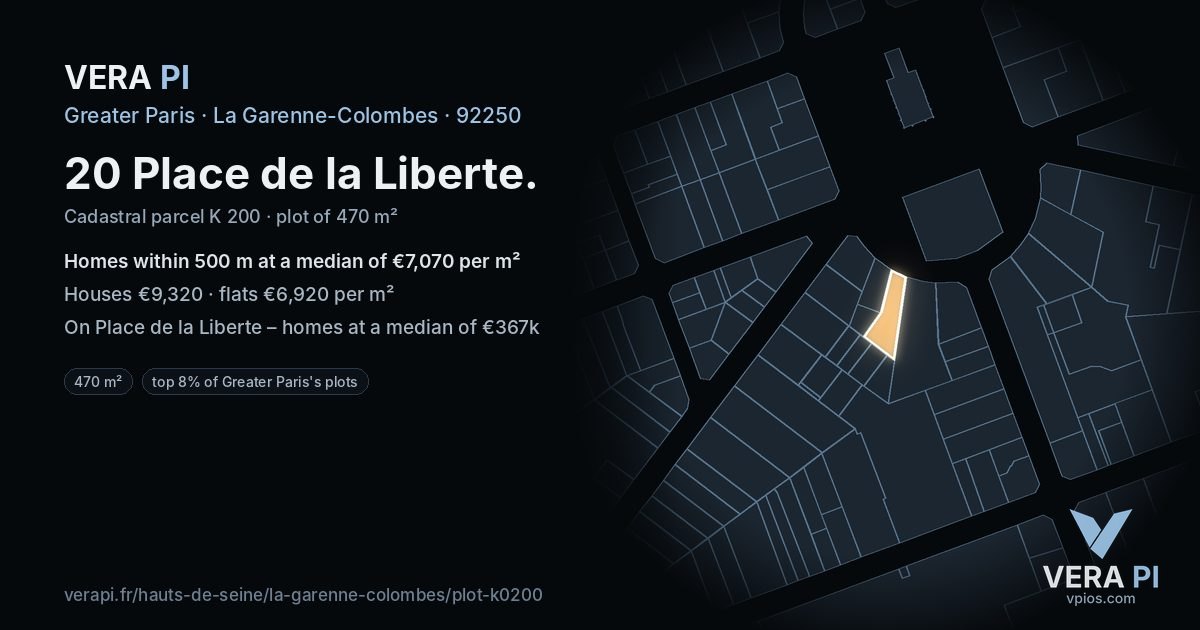 20 Place de la Liberte, La Garenne-Colombes at night – the plot lit, the parcels around coloured by the prices near them