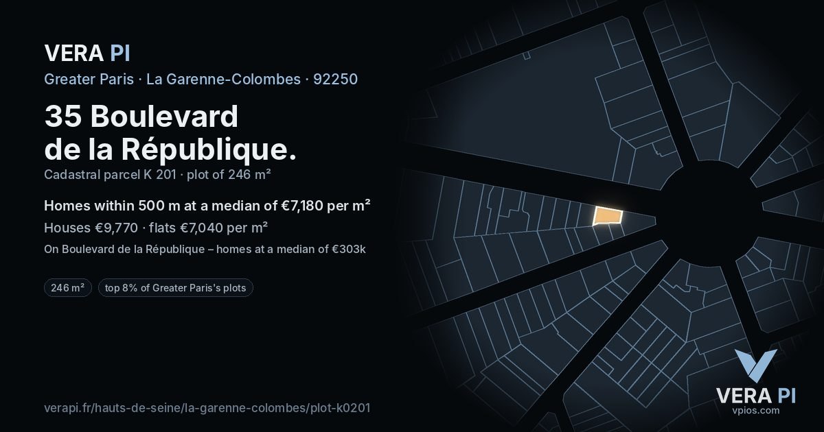 35 Boulevard de la République, La Garenne-Colombes at night – the plot lit, the parcels around coloured by the prices near them