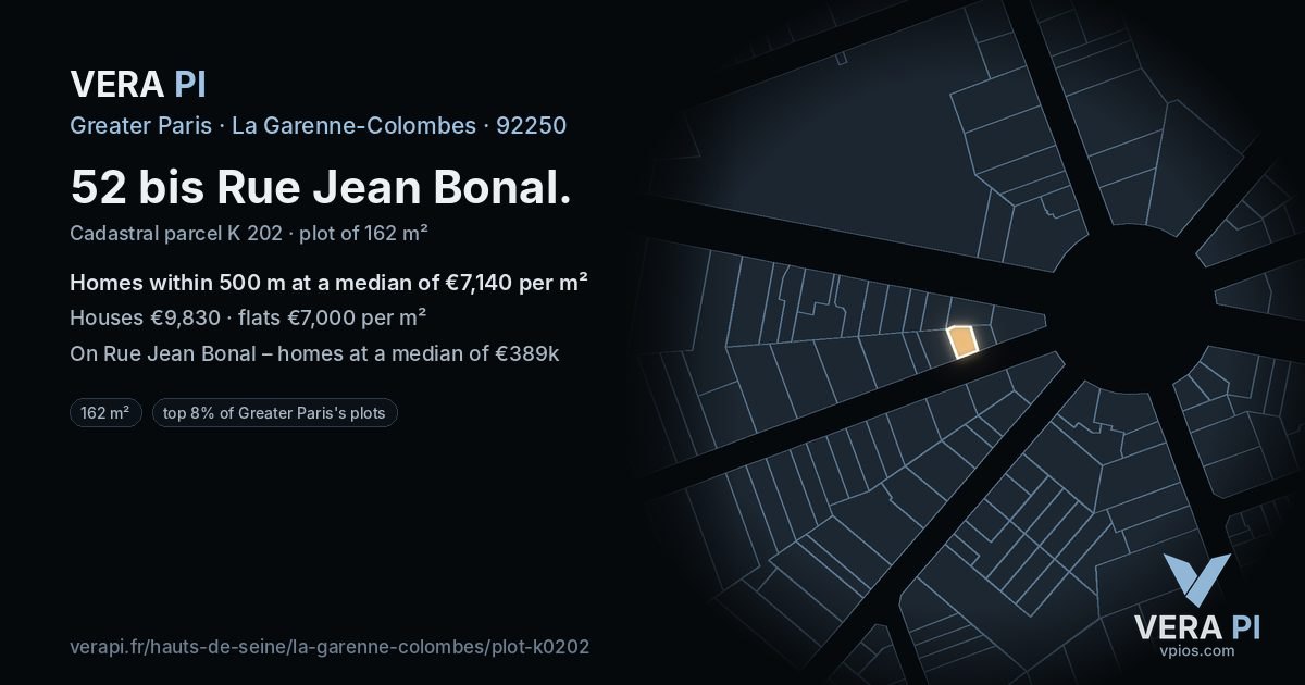 52 bis Rue Jean Bonal, La Garenne-Colombes at night – the plot lit, the parcels around coloured by the prices near them