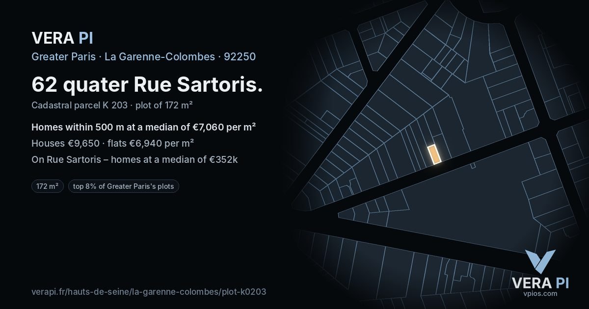 62 quater Rue Sartoris, La Garenne-Colombes at night – the plot lit, the parcels around coloured by the prices near them