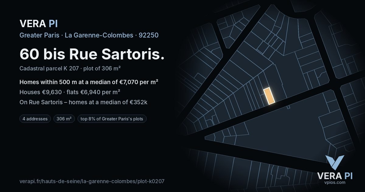60 bis Rue Sartoris, La Garenne-Colombes at night – the plot lit, the parcels around coloured by the prices near them