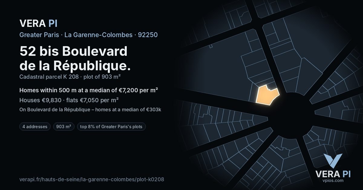 52 bis Boulevard de la République, La Garenne-Colombes at night – the plot lit, the parcels around coloured by the prices near them