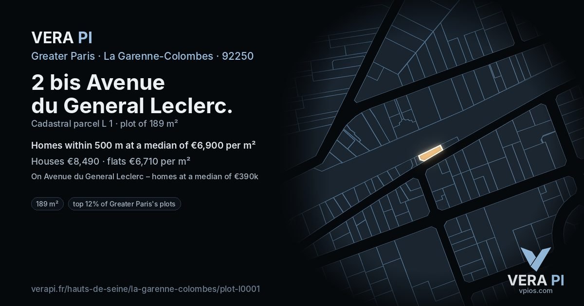 2 bis Avenue du General Leclerc, La Garenne-Colombes at night – the plot lit, the parcels around coloured by the prices near them